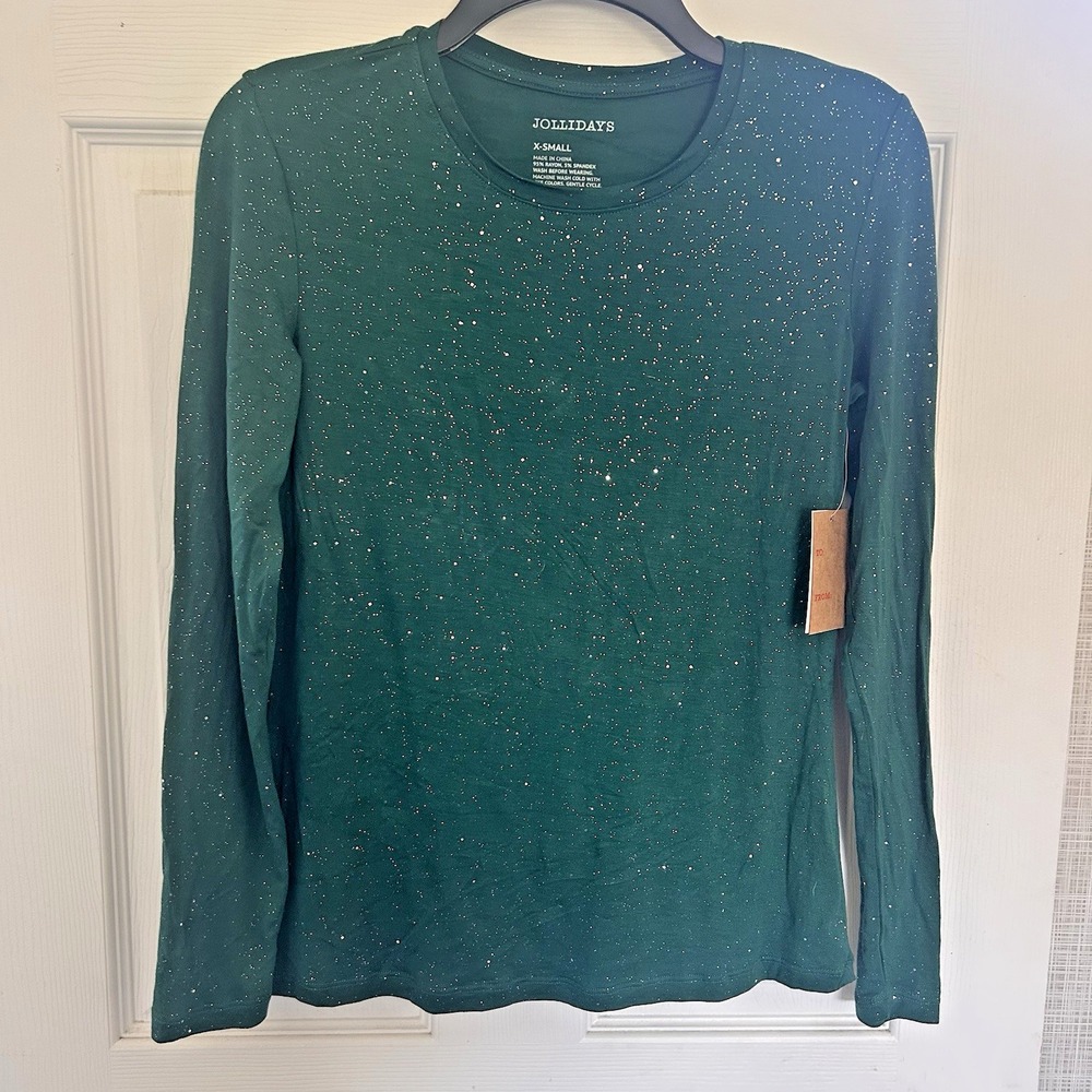 Woman's Christmas T-Shirt Tee Top Sz XS Green Glitter New!‎ Jollidays BxS